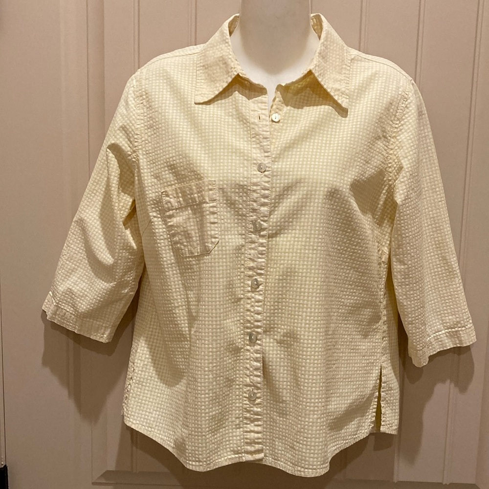 Fresh Produce Blouse Shirt Top Women’s Sz S Button Up Yellow Gingham 3/4 Sleeves